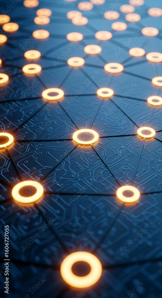 Poster abstract image of illuminated orange circles interconnected on a dark blue circuit board, representi