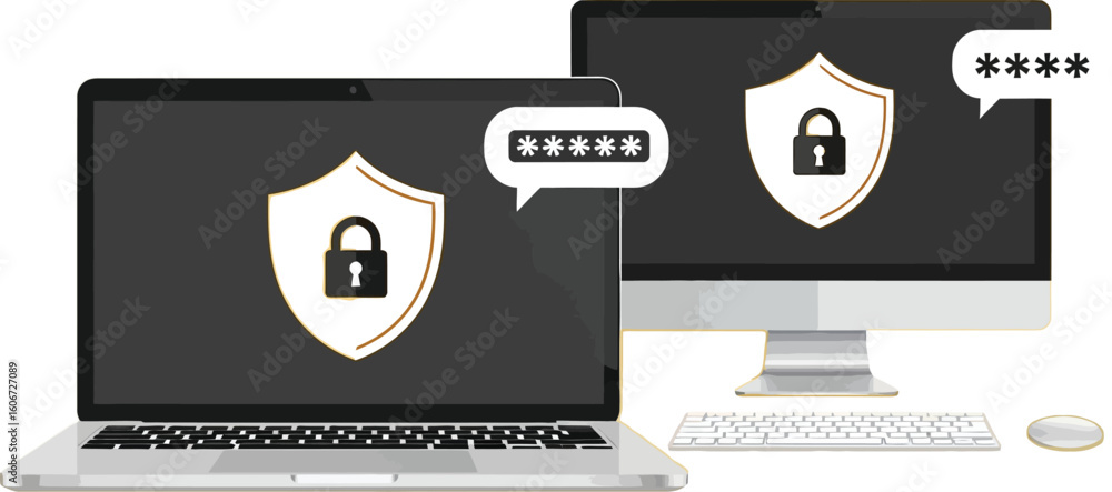Poster vector art of a laptop and desktop computer display a shield with a lock, symbolizing password secur