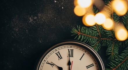 A vintage clock face showing almost midnight, with a festive fir branch and bokeh lights