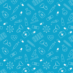 Seamless medical pattern with healthcare icons on blue background. Recolorable endless pattern with white line icons