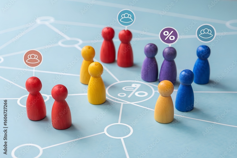 Poster clustered communication – multicolored figurines on network grid representing segmented data, group 