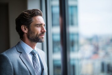 Fototapeta premium Confident man in suit gazing out high-rise window, symbolizing ambition, planning, leadership, and future business opportunities.