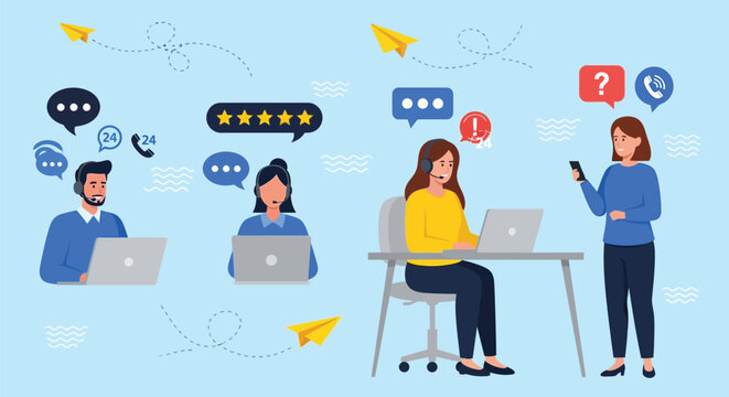 Vector art of customer service representatives providing online support and assistance via phone, email, and chat with feedback and ratings