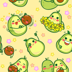 Cartoon avocados with various expressions and interactions on a light yellow background. Are simply smiling or waving, all interspersed with colorful stars.