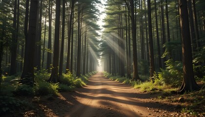 Straight path through a dense forest with sunlight filtering through the trees. Serene, peaceful, and inviting for nature, escape, or journey themes.