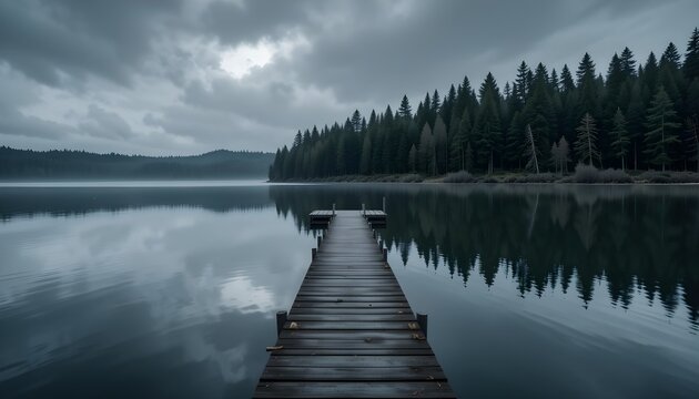 Peaceful lake with a wooden dock extending into calm water, surrounded by a dark forest under a moody sky. Serene, natural, and atmospheric