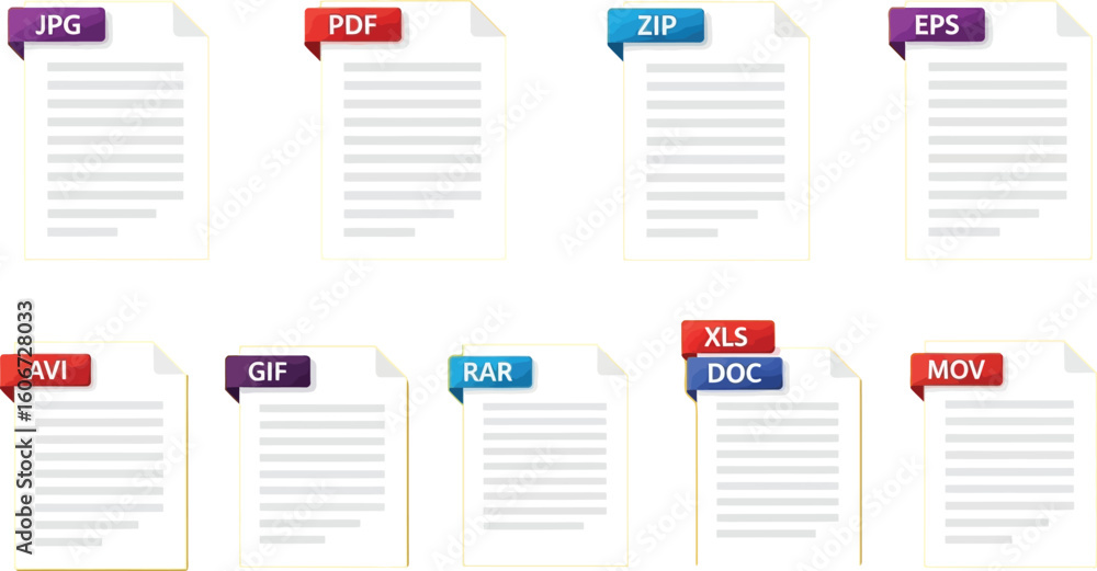 Fototapete vector art of a clean and organized display of various file format icons, each marked with a colorfu