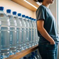 Concept of hydration and consumer choice. Woman selecting bottled water from a shelf, for wellness or emergency preparedness.
