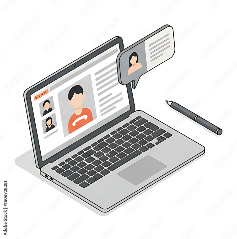 Poster Laptop displaying a video call interface with user profiles and a speech bubble, accompanied by a stylus.