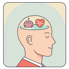 Emotional intelligence & mental health concept. Illustration of a brain & heart inside a human head, symbolizing logic & emotion balance.