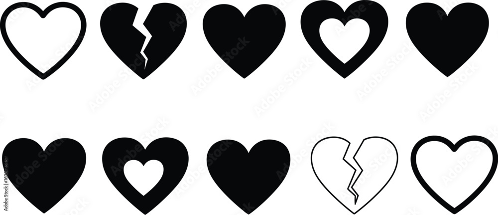 Poster vector art of collection of heart icons in various styles isolated on white background
