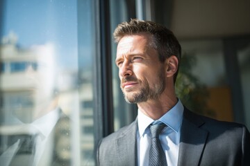 Naklejka premium Confident man in suit gazing out high-rise window, symbolizing ambition, planning, leadership, and future business opportunities.