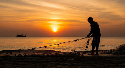 Fototapeta premium silhouette of man repairing fishing net at sunset