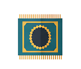 Flat design illustration of a teal prayer rug, featuring gold details and a dark center circle.