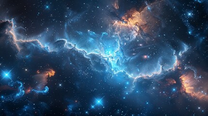 Fototapeta premium Deep space nebula, with blue and gold gas clouds scattered among bright stars, dark background