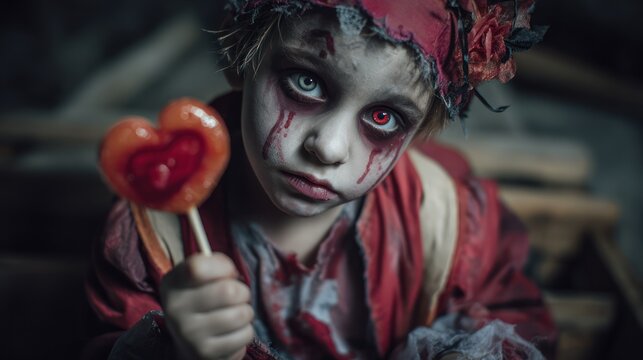 Spooky Child Holding Heart Lollipop in Eerie Atmosphere