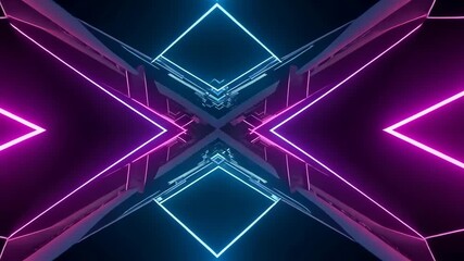 Abstract light tunnel of glowing purple and blue squares with motion lines - Powered by Adobe