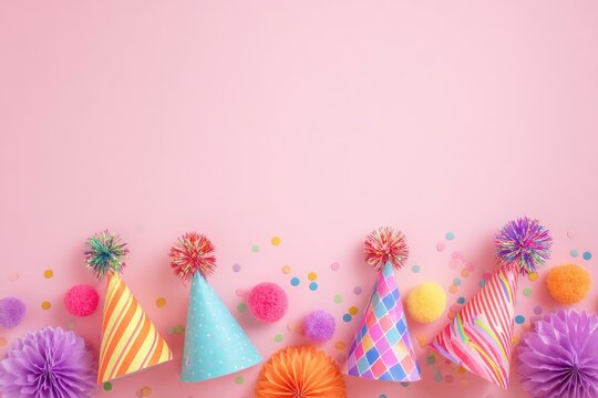 Party hats pompoms and confetti are arranged on a pink background - Powered by Adobe