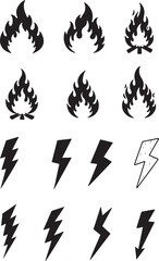 Fire and lightning bolt icons set graphic design