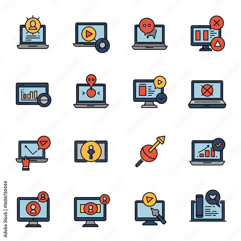 Poster a set of flat vector icons depicting various online activities and notifications displayed on laptop