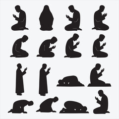 Muslim man praying silhouettes various poses