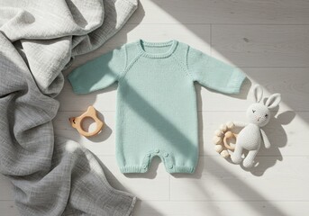 Cozy baby clothes and toys laid out on a wooden surface