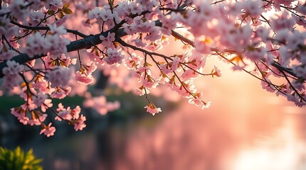 Delicate pink cherry blossom branches illuminated by warm golden hour sunlight creating a beautiful silhouette effect
