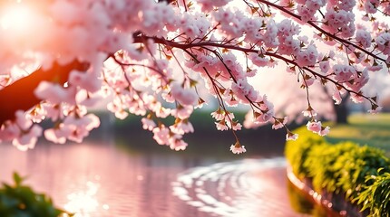 Delicate pink cherry blossom branches illuminated by warm sunlight create a beautiful silhouette against a soft bokeh background with a tranquil river silhouette