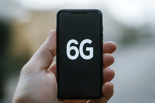 Hand holding a smartphone displaying '6G'. The mobile phone's screen has a black background with a large white 6G, promising faster wireless speeds.