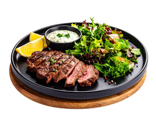 Restaurant Style Grilled Steak with Fresh Vegetable Salad on transparent background