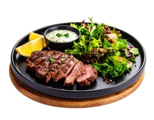 Restaurant Style Grilled Steak with Fresh Vegetable Salad on transparent background