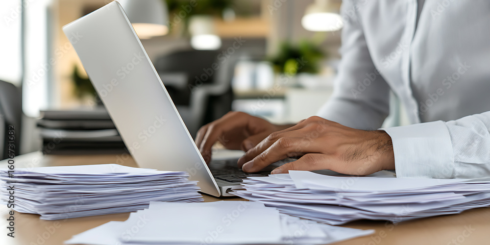 Poster person typing on laptop with paper stacks: a busy worker manages tasks on a computer amid piles of d