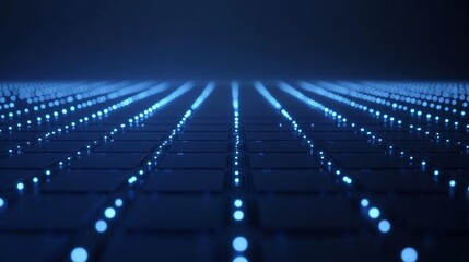 A sequence of glowing binary digits arranged in a grid pattern on a solid deep blue background representing digital code 