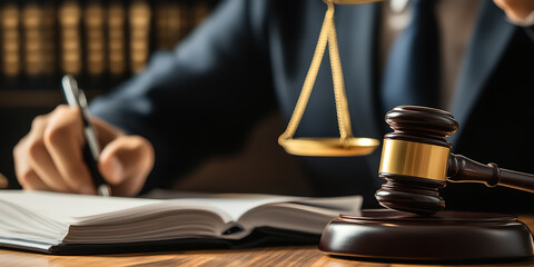 Law and Justice: Scales of justice and a gavel, with legal documents and someone taking notes. Symbolizes legal proceedings, balance, and fairness.