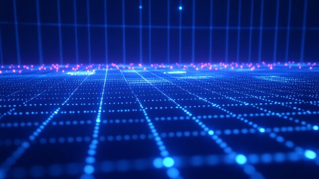 A sequence of glowing binary digits arranged in a grid pattern on a solid deep blue background representing digital code 