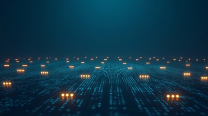 A sequence of glowing binary digits arranged in a grid pattern on a solid deep blue background representing digital code 