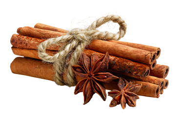 A bundle of cinnamon sticks tied with twine, next to star anise and spice powder on transparent background