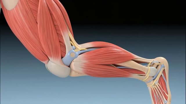 Detailed 3D animation showcasing the intricate human arm anatomy with muscles, tendons, and bones during natural flexion