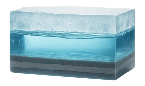 Subglacial lake cross-section showing clear water beneath ice cover