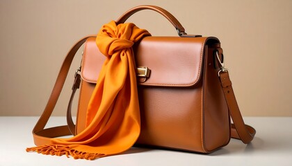 Light brown leather satchel bag with orange scarf