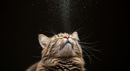 A curious tabby cat looks up as dust particles sparkle in the air around its face