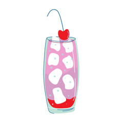 Tropical cocktail. Glass with beverage, ice and cherry. Alcohol drink. Cool Summer lemonade. Refreshing drink made from gin. Hand drawn flat design vector illustration. 