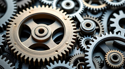 Intricate Arrangement of Mechanical Gears and Cogs in Varied Designs and Textures