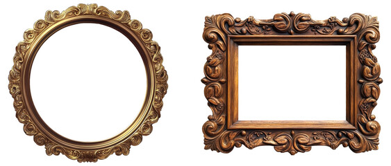 ornate picture frames, gold round and wooden rectangular.