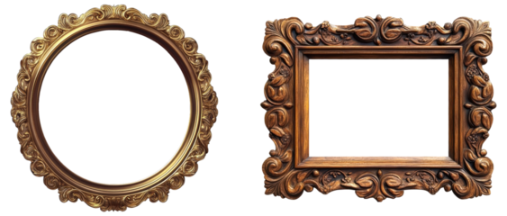 ornate picture frames, gold round and wooden rectangular.