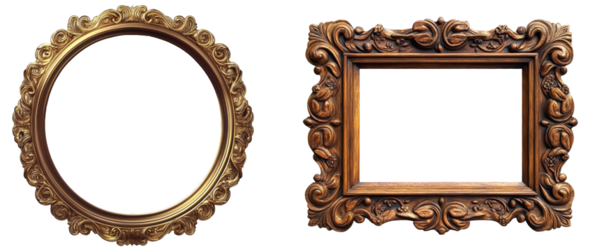ornate picture frames, gold round and wooden rectangular.