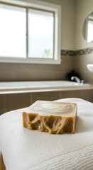 Bar of handmade soap resting on a white towel in a bathroom.
