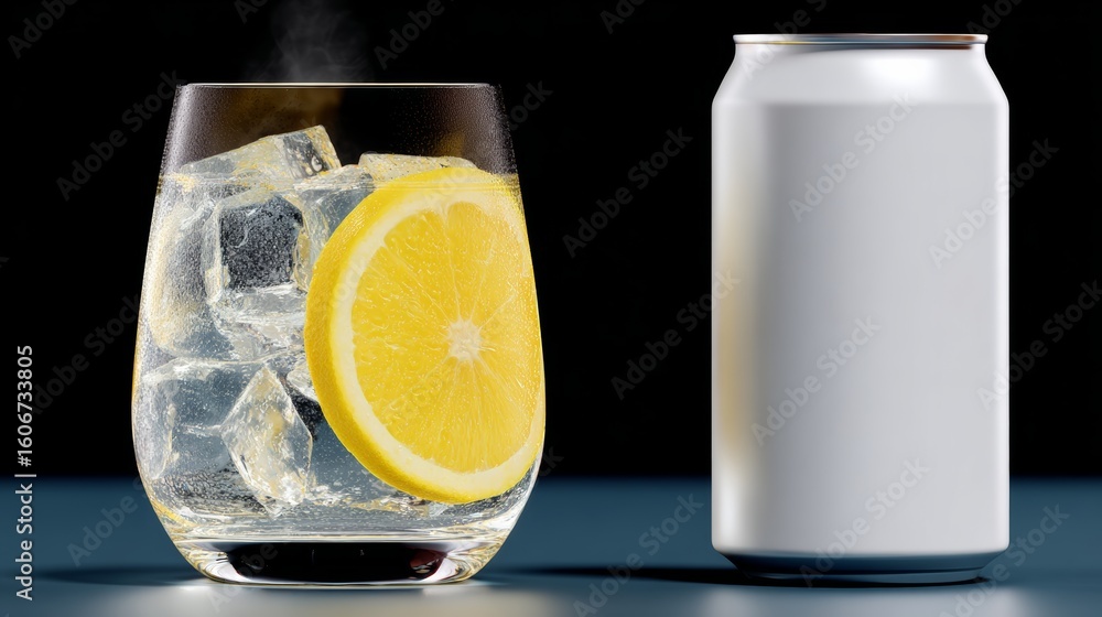 Poster glass of lemonade with ice cubes and a can of soda. the glass is half full and the can is empty