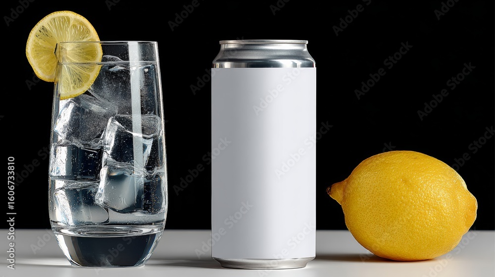 Poster glass of water with a lemon wedge in it sits next to a can of soda. concept of refreshment and relax