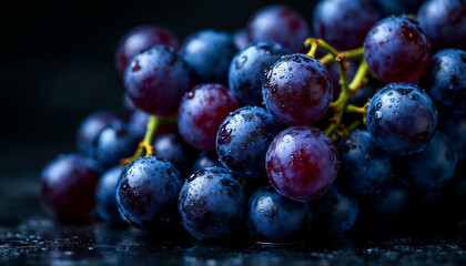 Close-up of dewy purple grapes on dark background, moody and cinematic.
